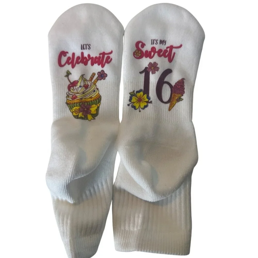 Sweet 16 White Crew Socks With Celebrate Design